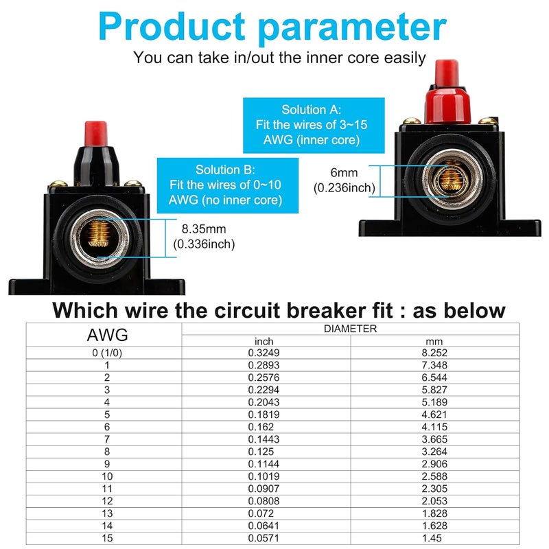 NOWEIERTON 20 Amp Audio Circuit Breaker,,12V-48V DC Fuse Holder,20-300A Breaker Switch,Inline Circuit Breaker with Reset Button,for Automotive Marine Boat Audio System Current Overload Protection - Image 5